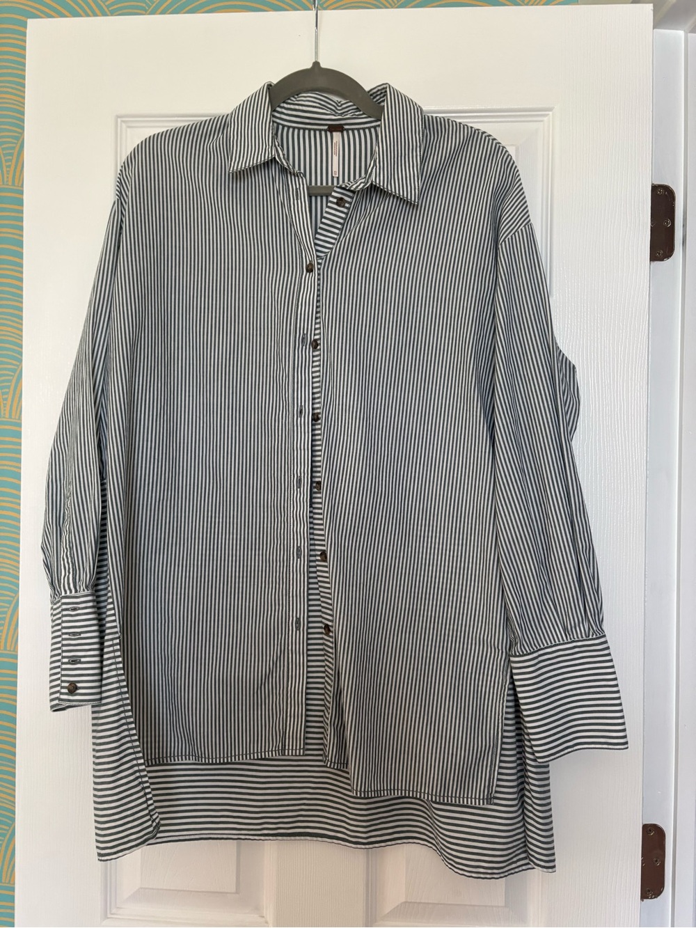 Free People Green and White Striped Button-Down Shirt